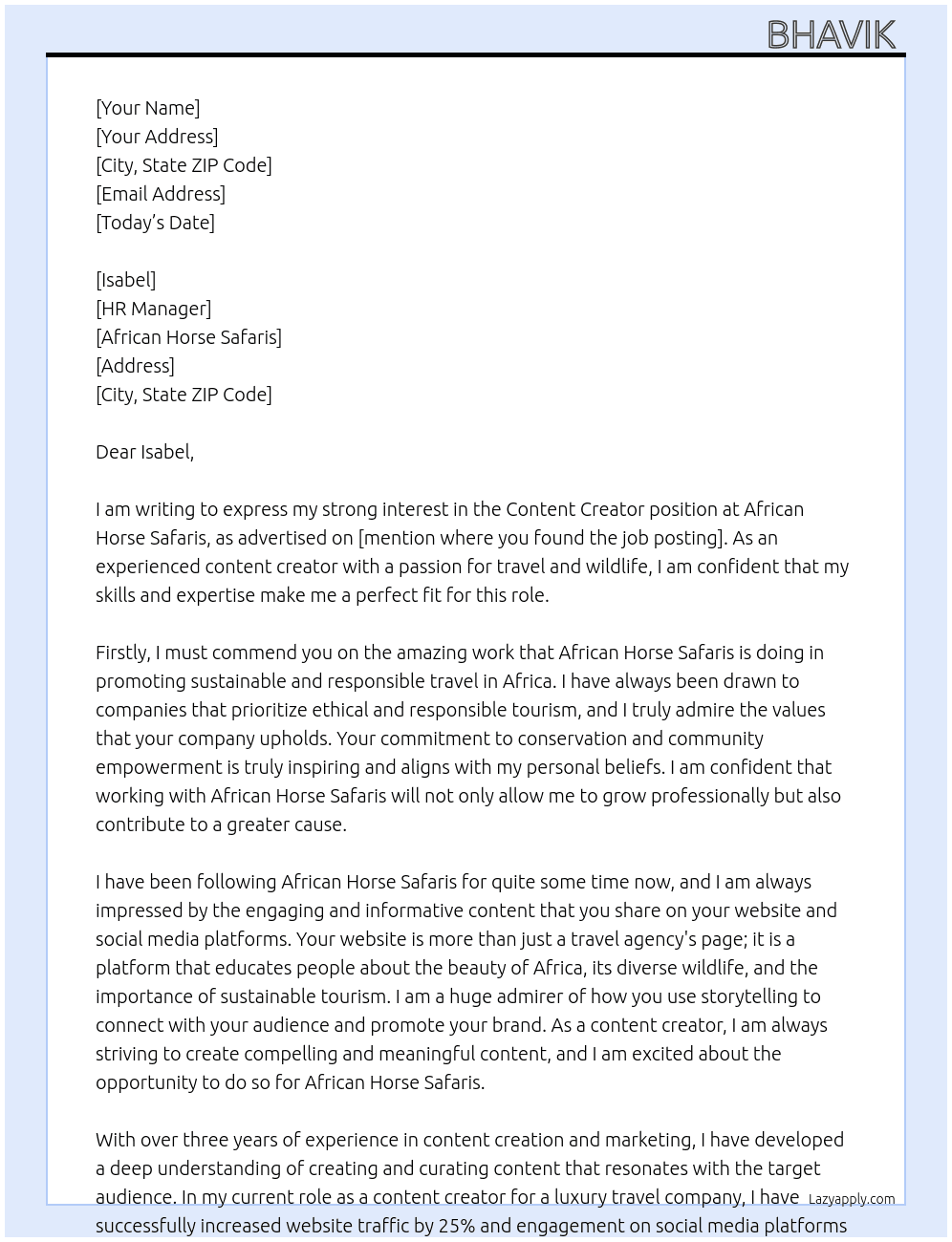 Content creator  At African Horse Safaris  Cover Letter