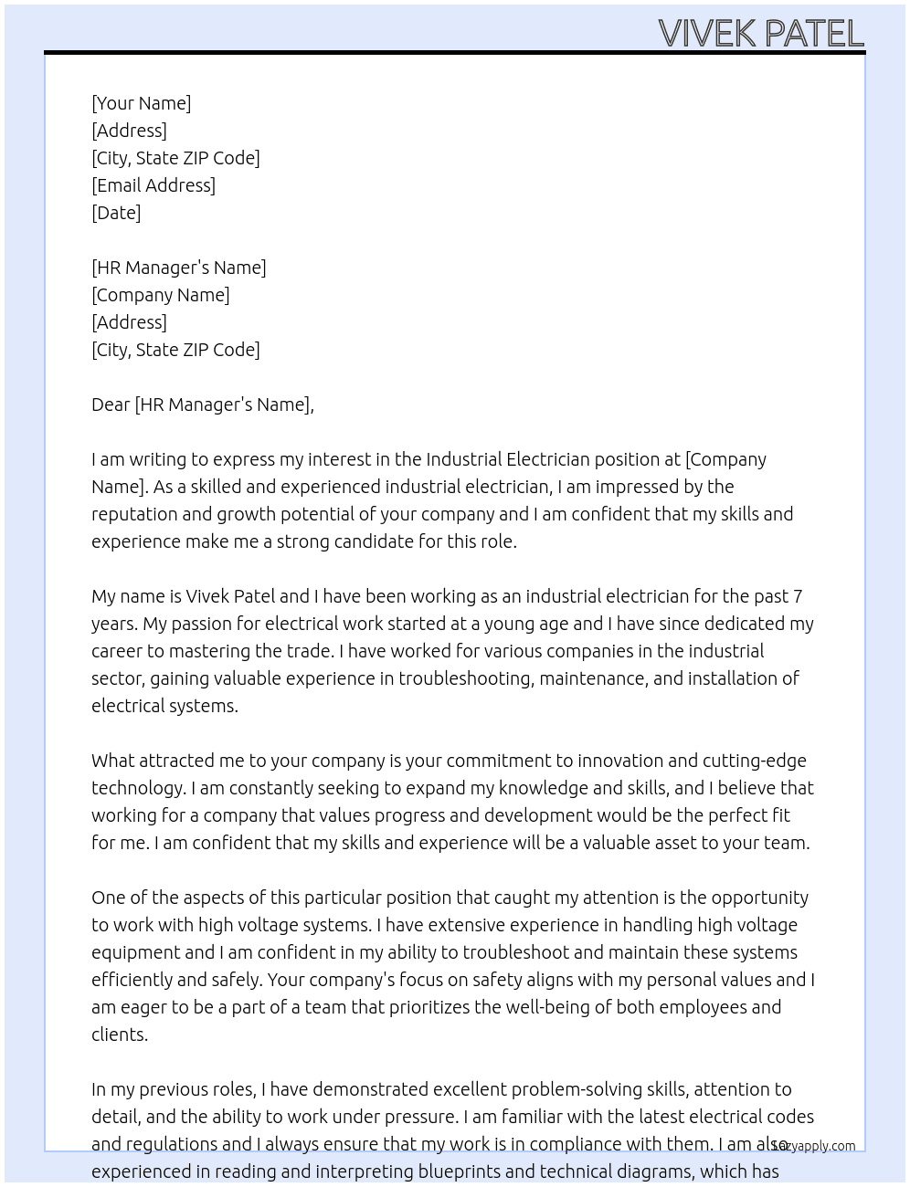 industrial electrician At unknown Cover Letter