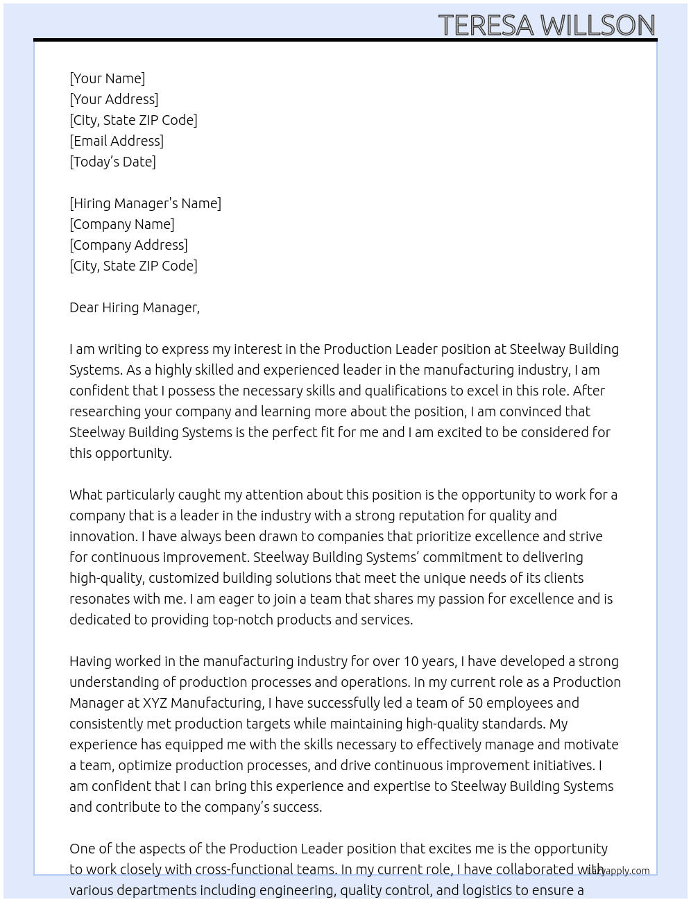 Production Leader At Steelway Building Systems Cover Letter