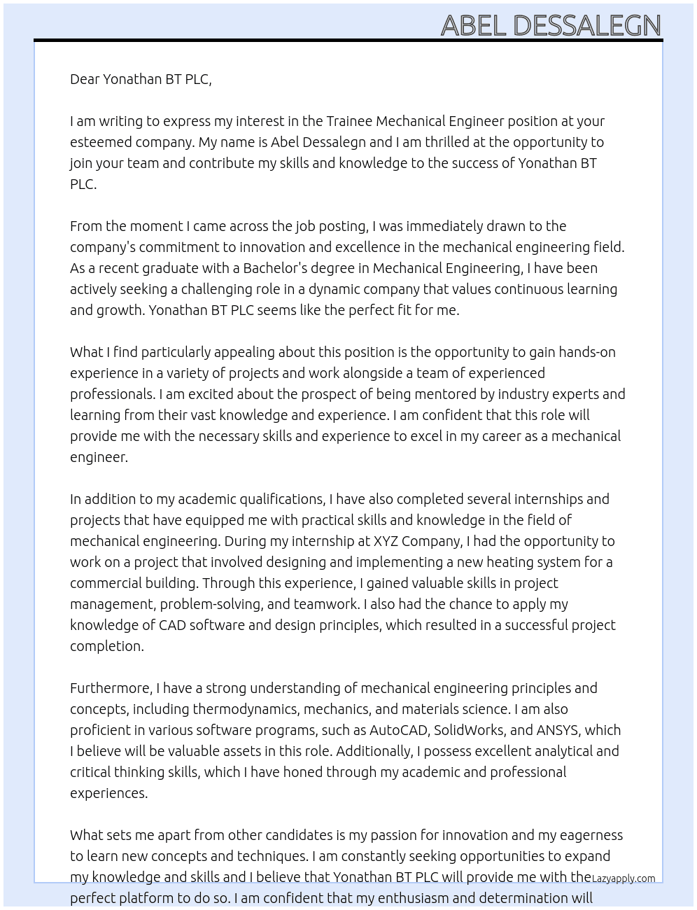 Trainee Mechanical Engineer At Yonathan BT PLC Cover Letter