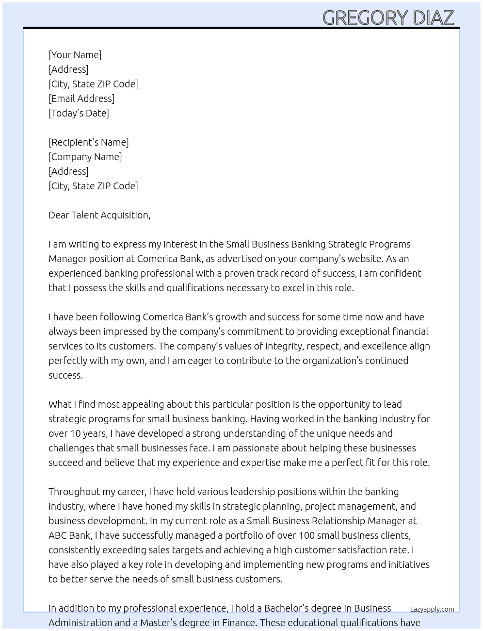 Small Business Banking Strategic Programs Manager  At Comerica Bank Cover Letter