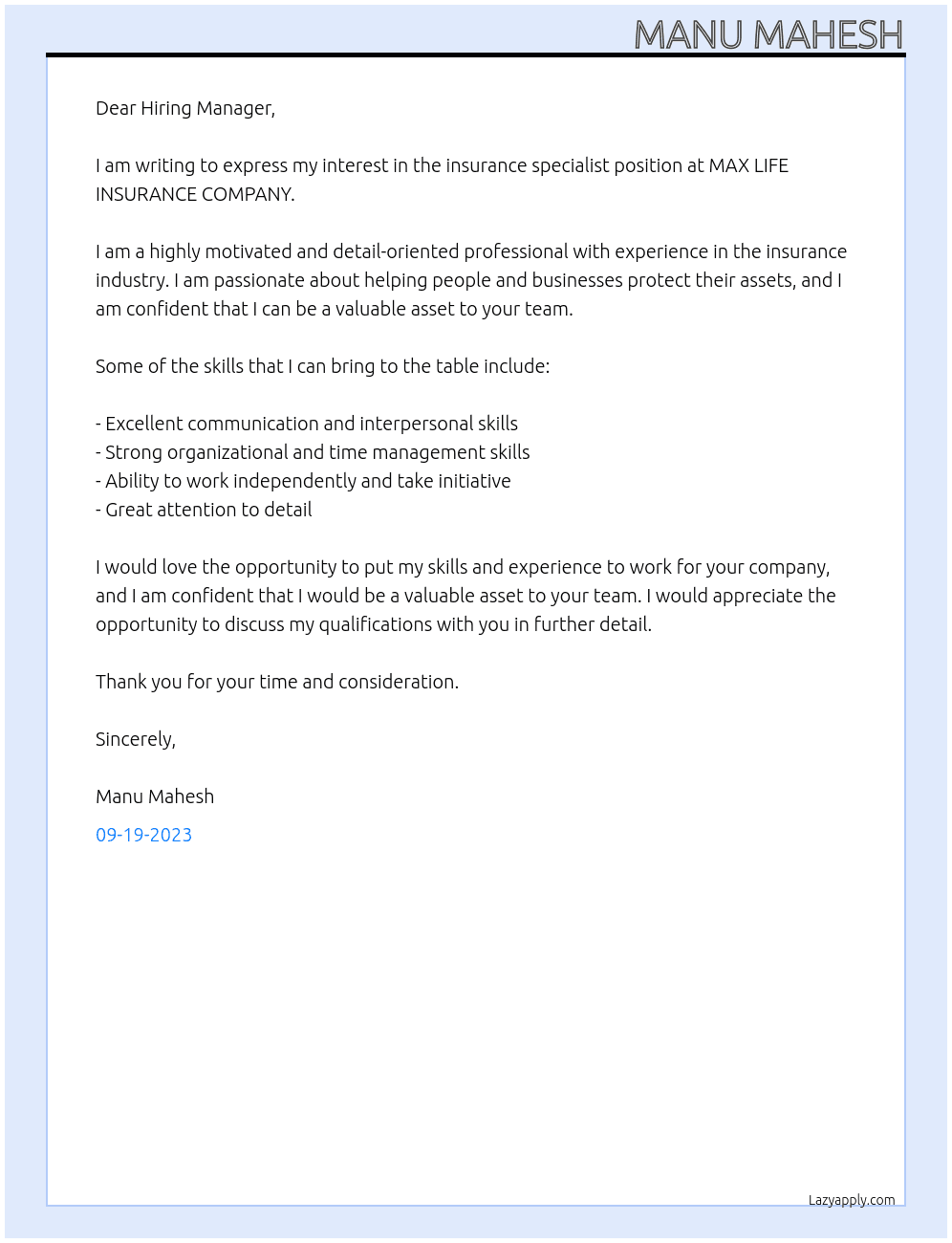 insurance specialist At MAX LIFE INSURANCE COMPANY Cover Letter