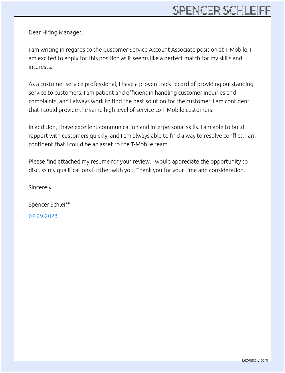 customer service account associate At t-mobile Cover Letter