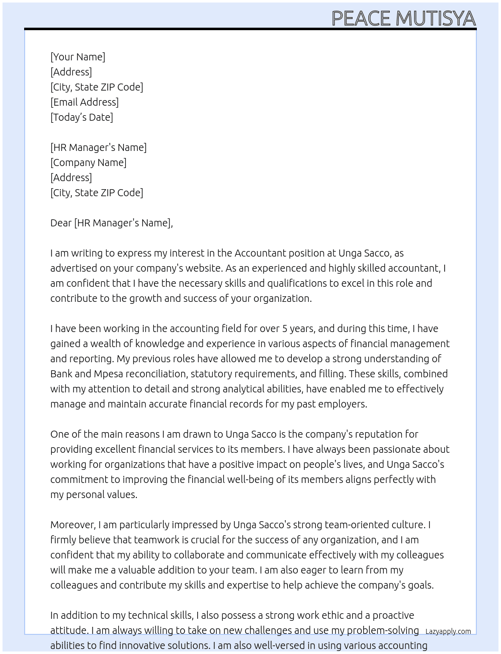 Accountant At Unga Sacco Cover Letter