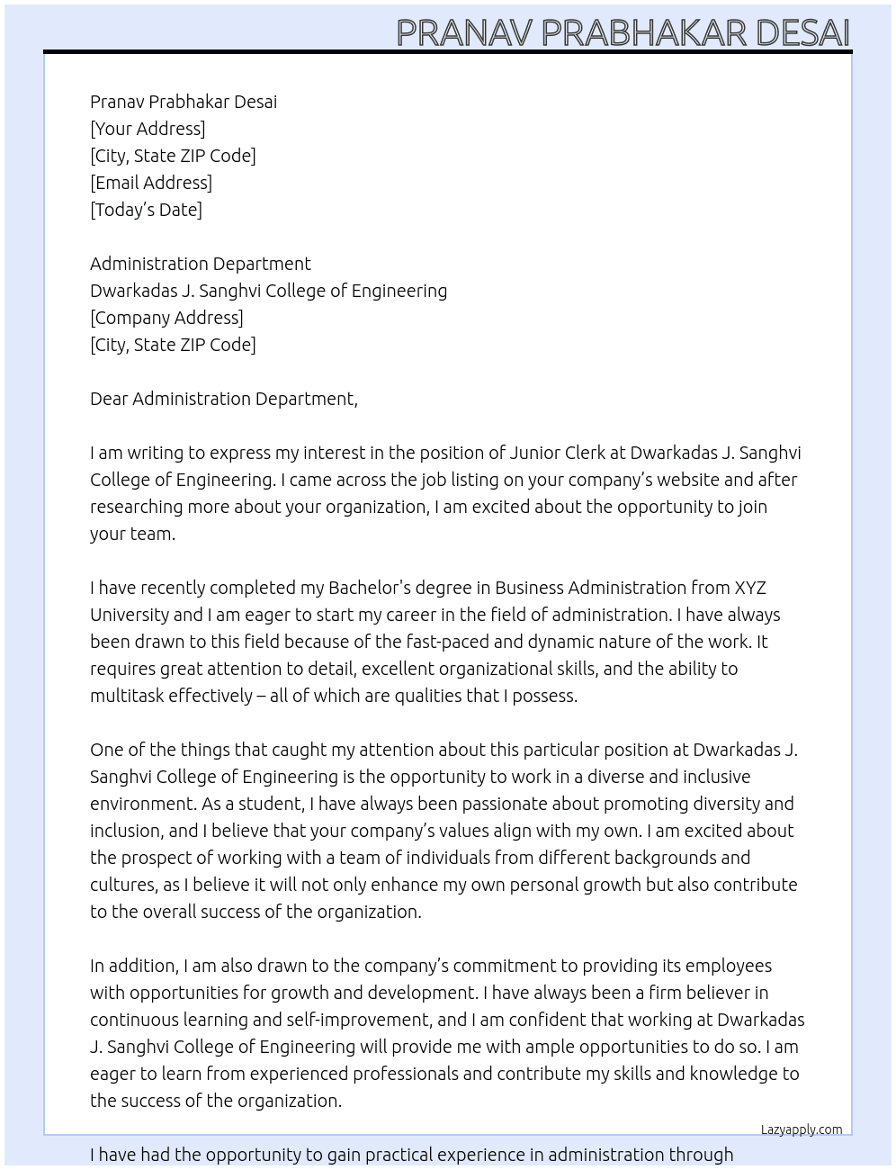 Junior Clerk At Dwarkadas J. Sanghvi College of Engineering Cover Letter