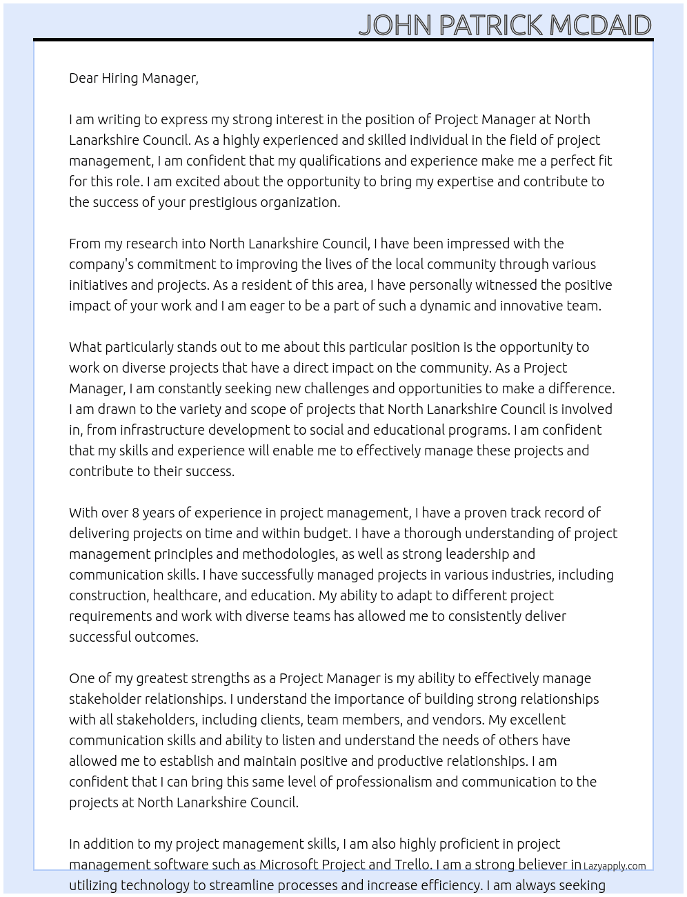 Project Manager At North Lanarkshire Council Cover Letter