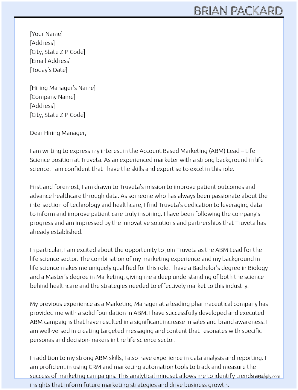 Account Based Marketing (ABM) Lead - Life Science At Truveta Cover Letter