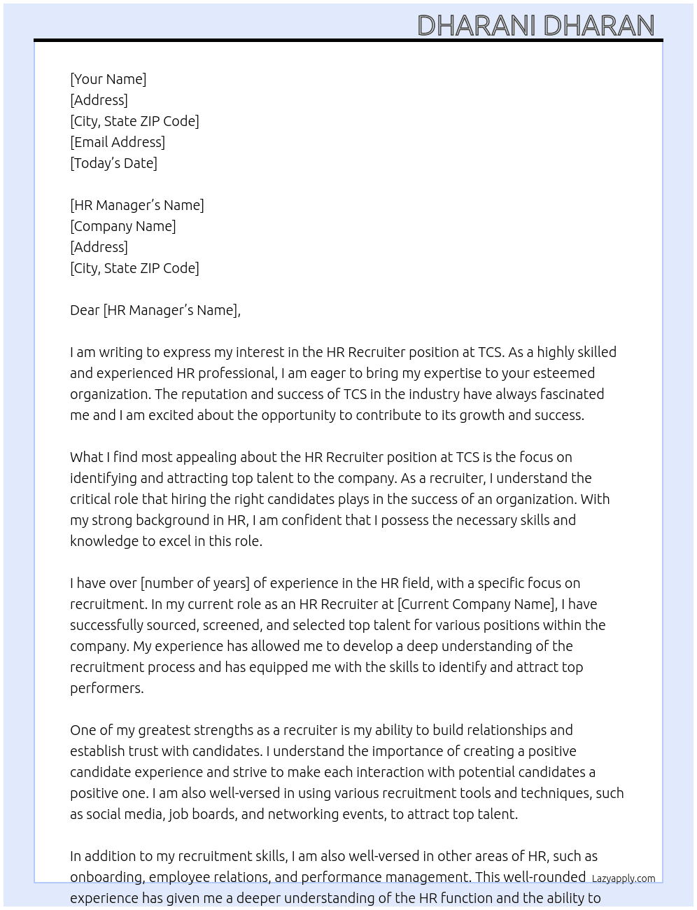 HR -Recruiter At TCS Cover Letter
