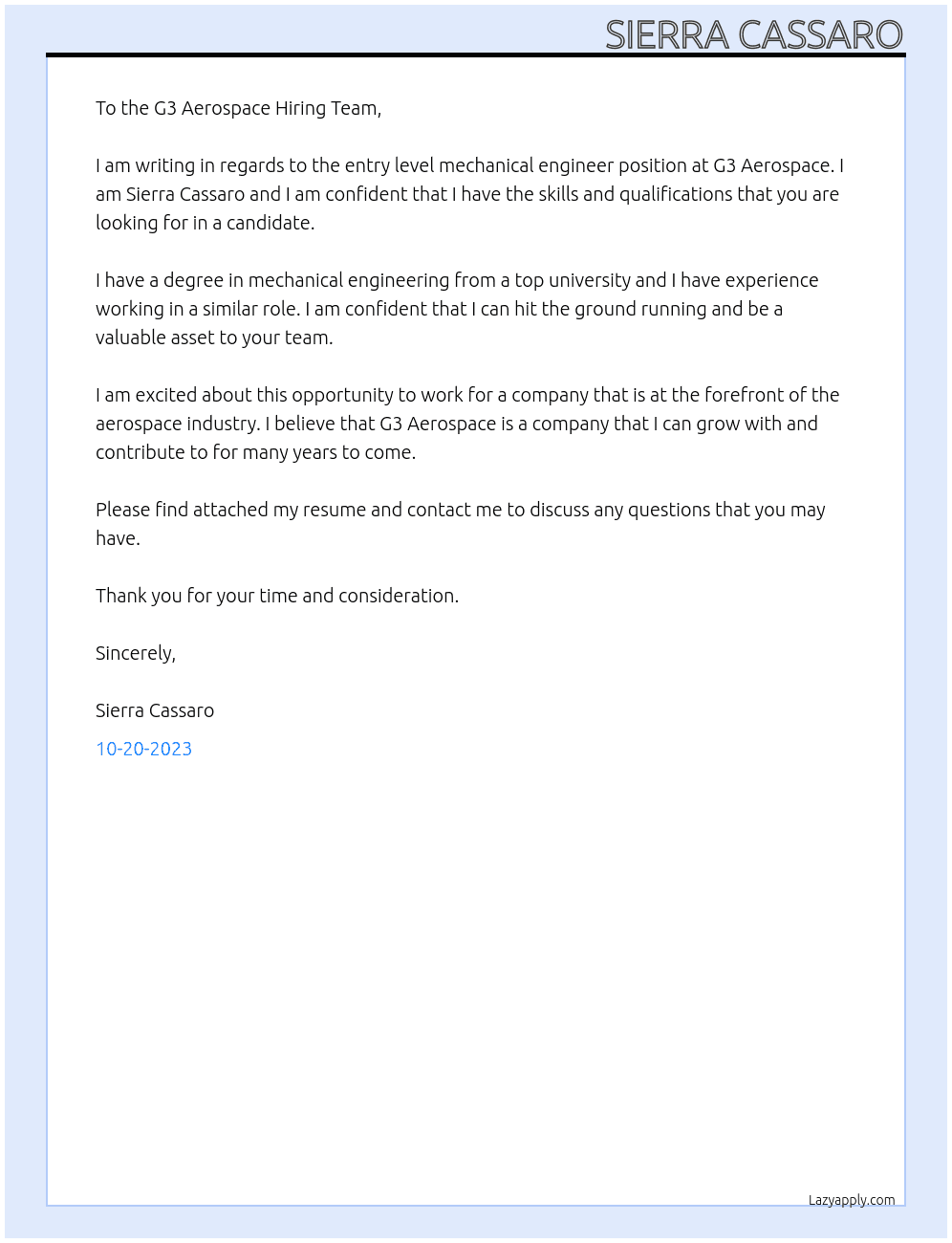 Entry level mechanical engineer At G3 Aerospace Cover Letter