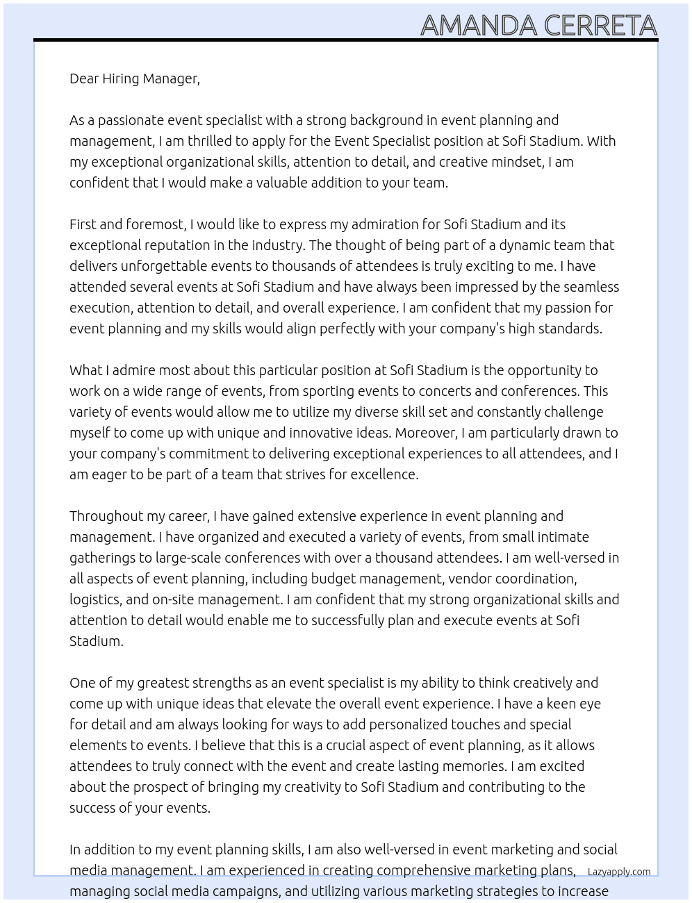 Event Specialist At Sofi Stadium Cover Letter