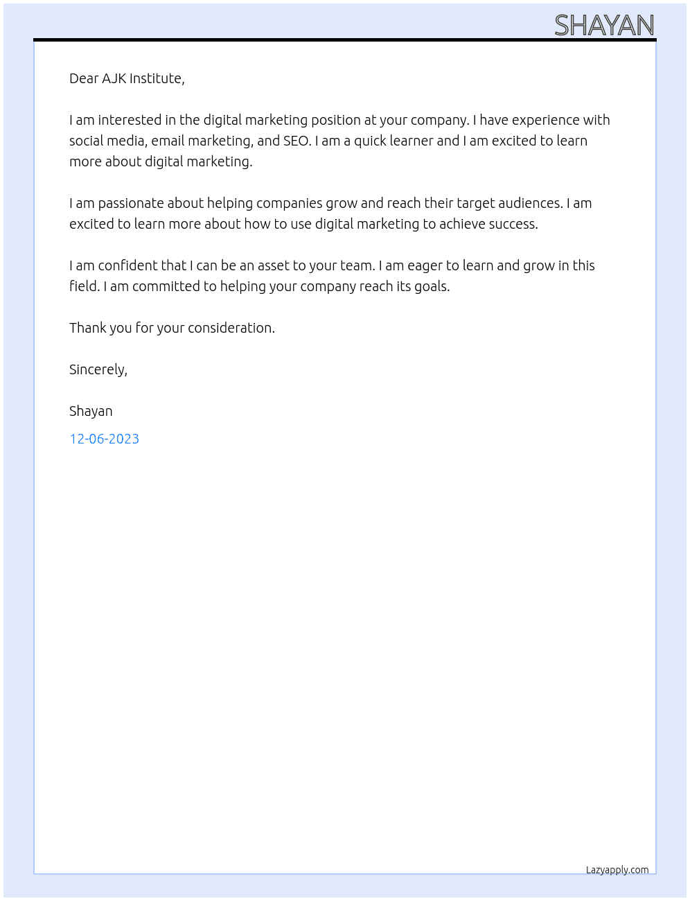 digital marketing At ajk institute Cover Letter
