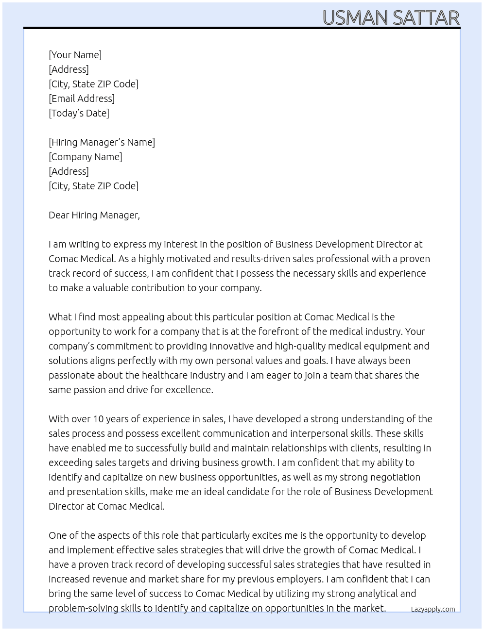 Business Development Director At Comac medical Cover Letter