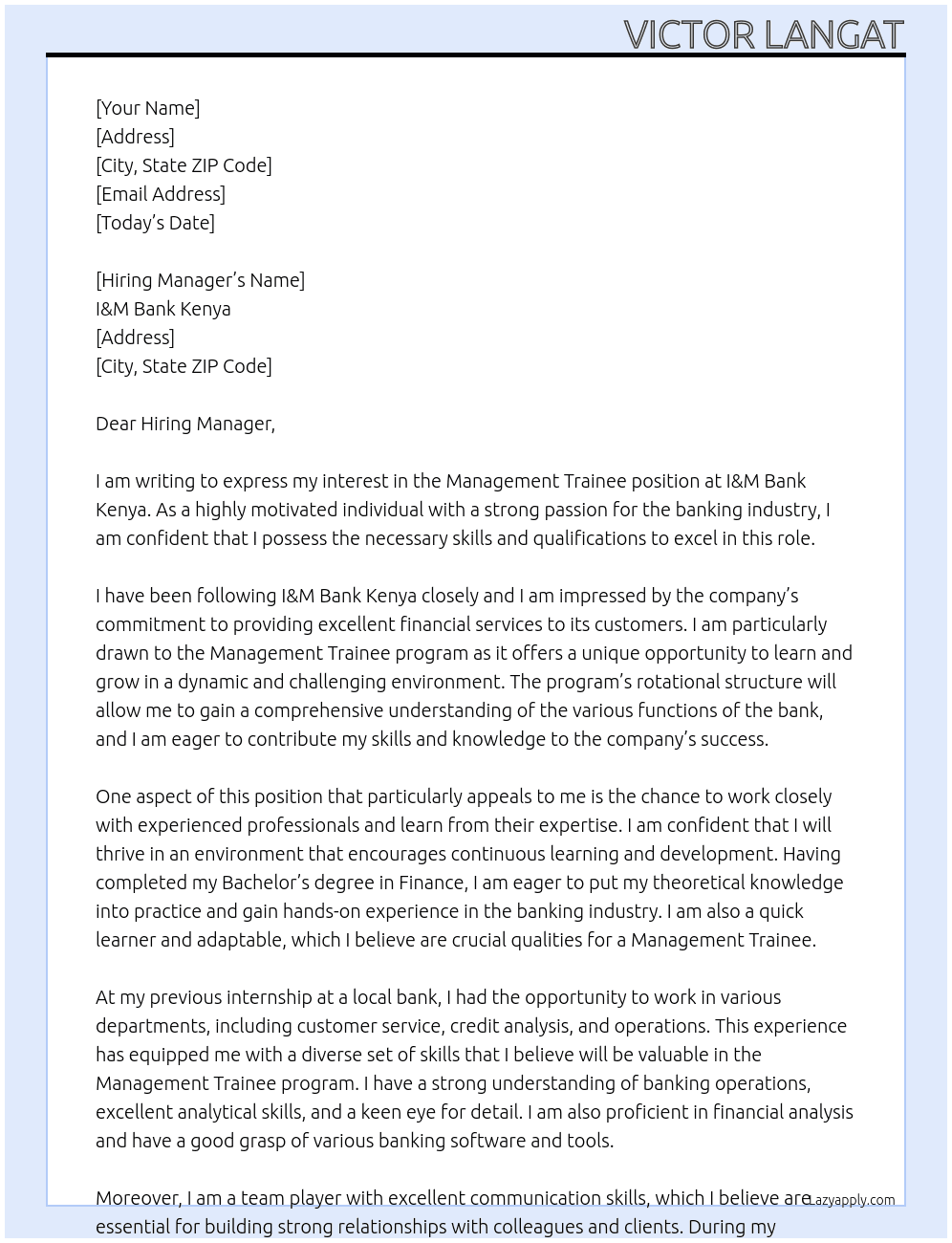 Management trainee At  I&M Bank Kenya Cover Letter