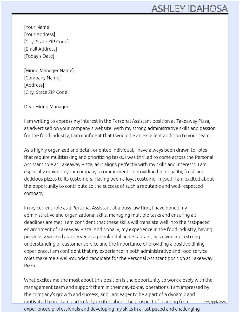 Personal Assistant At Takeaway Pizza Cover Letter