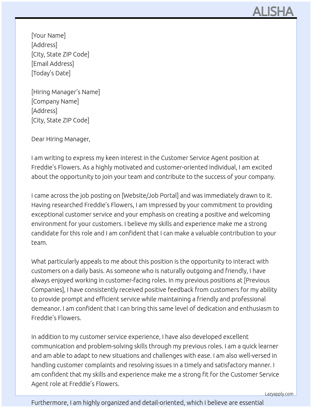 Customer Service Agent  At Freddie’s Flowers  Cover Letter