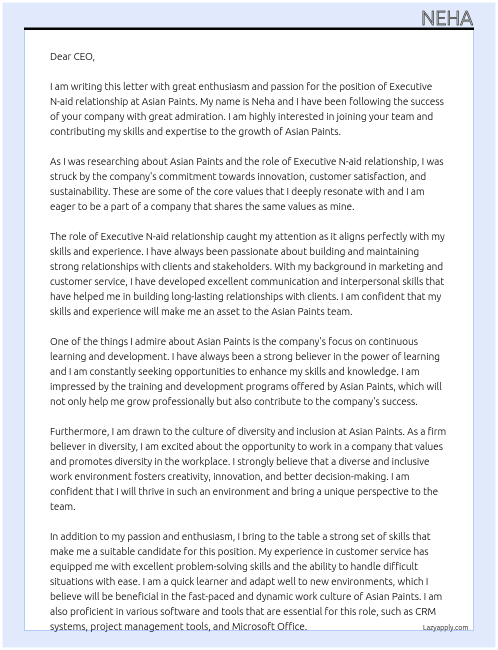 Cover letter for executive n- aid relationship - LazyApply