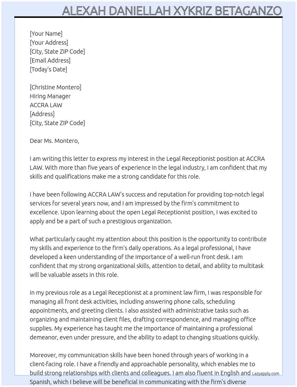 Cover letter for legal receptionist - LazyApply