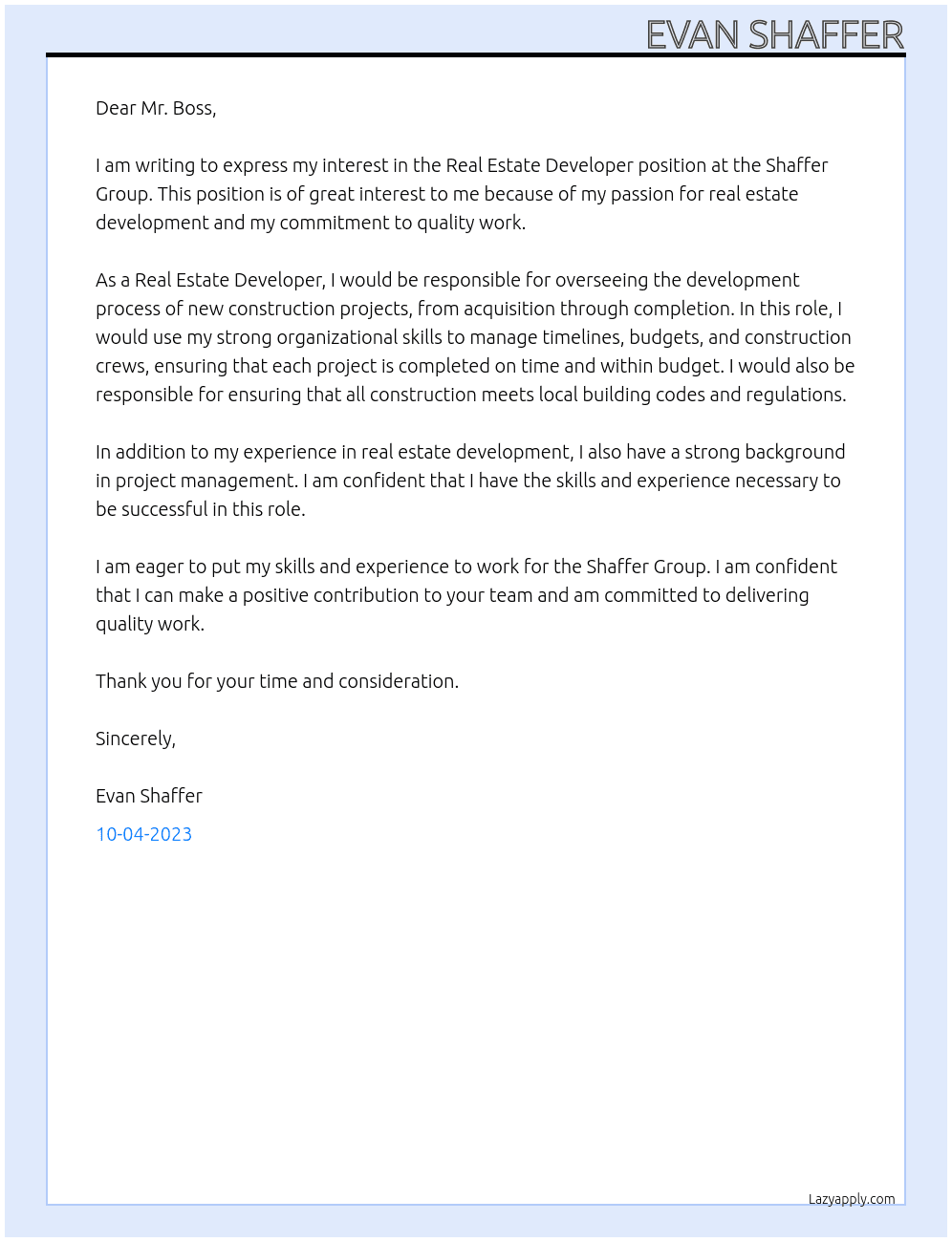 Real Estate Developer At Shaffer Group Cover Letter