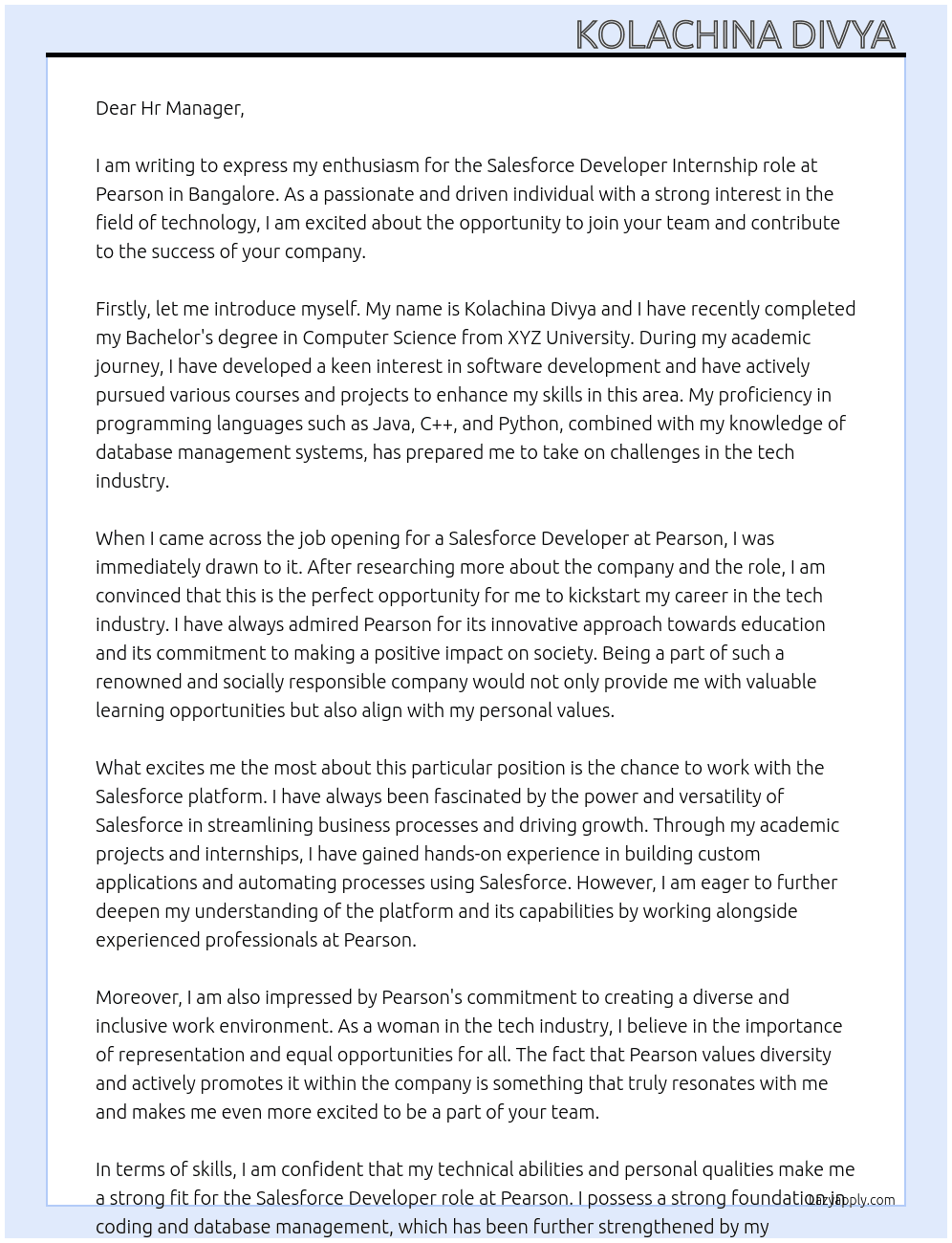 Salesforce Developer  At Pearson Cover Letter