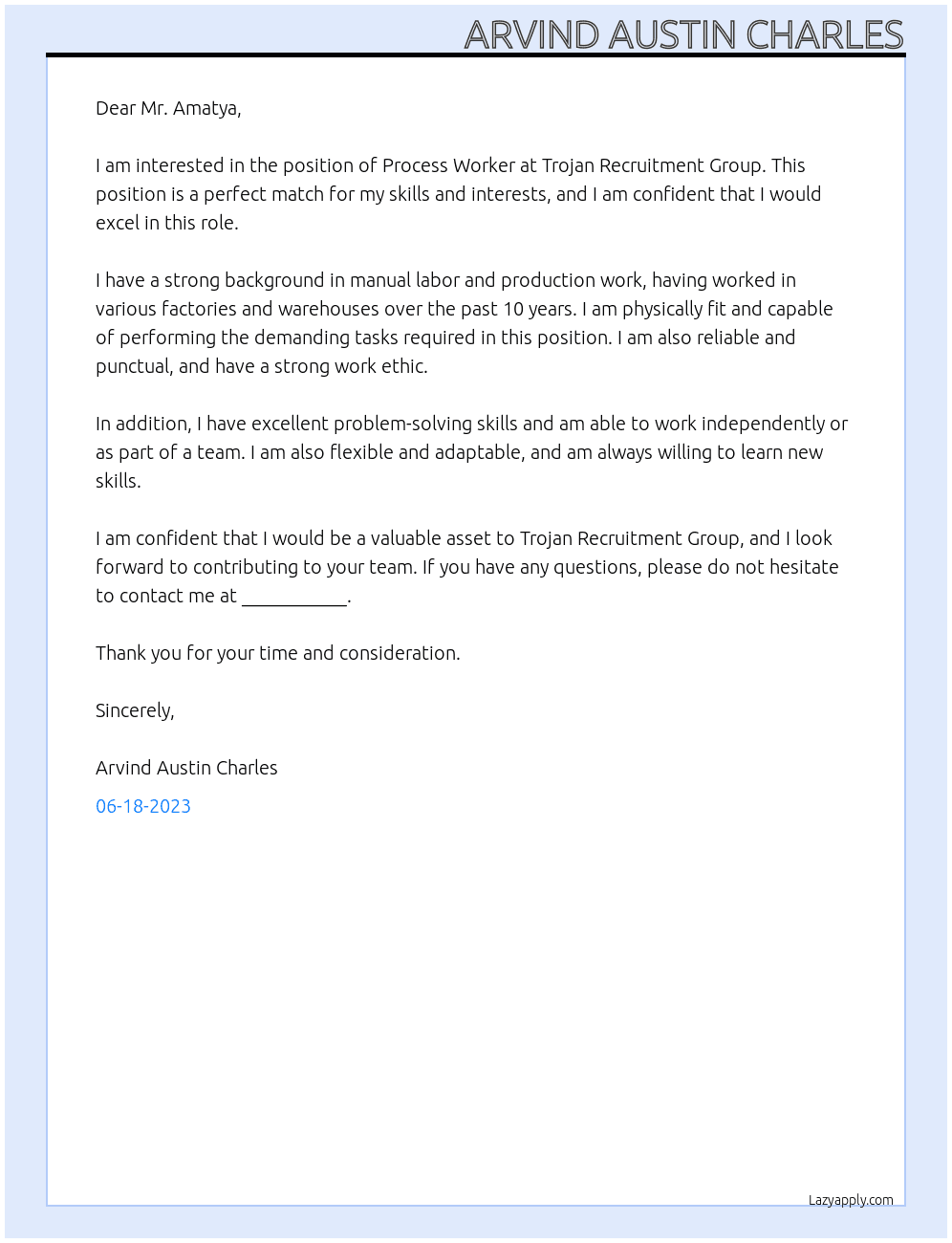 Process Worker At Trojan Recruitment Group Cover Letter