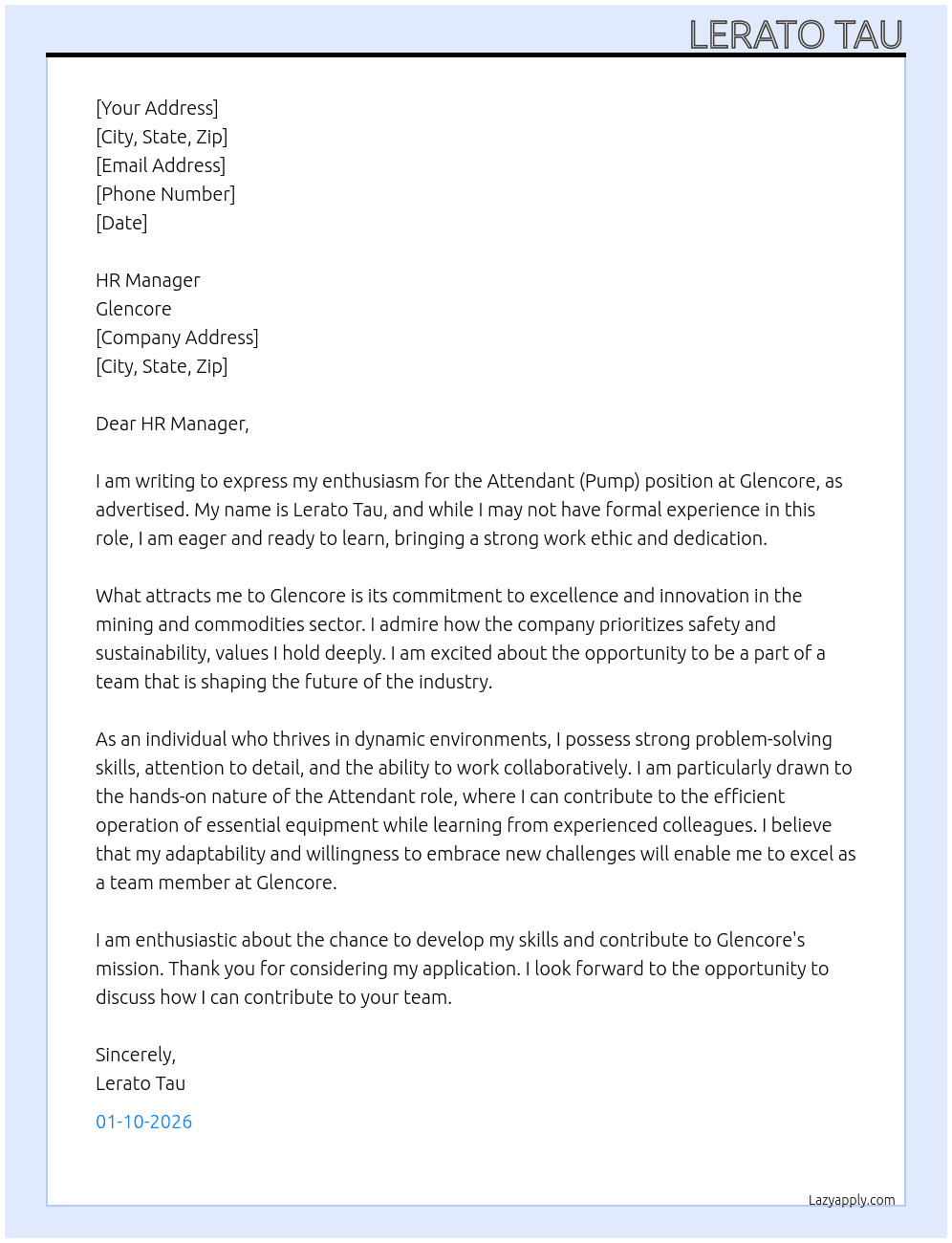 Attendant (pump) At Glencore Cover Letter