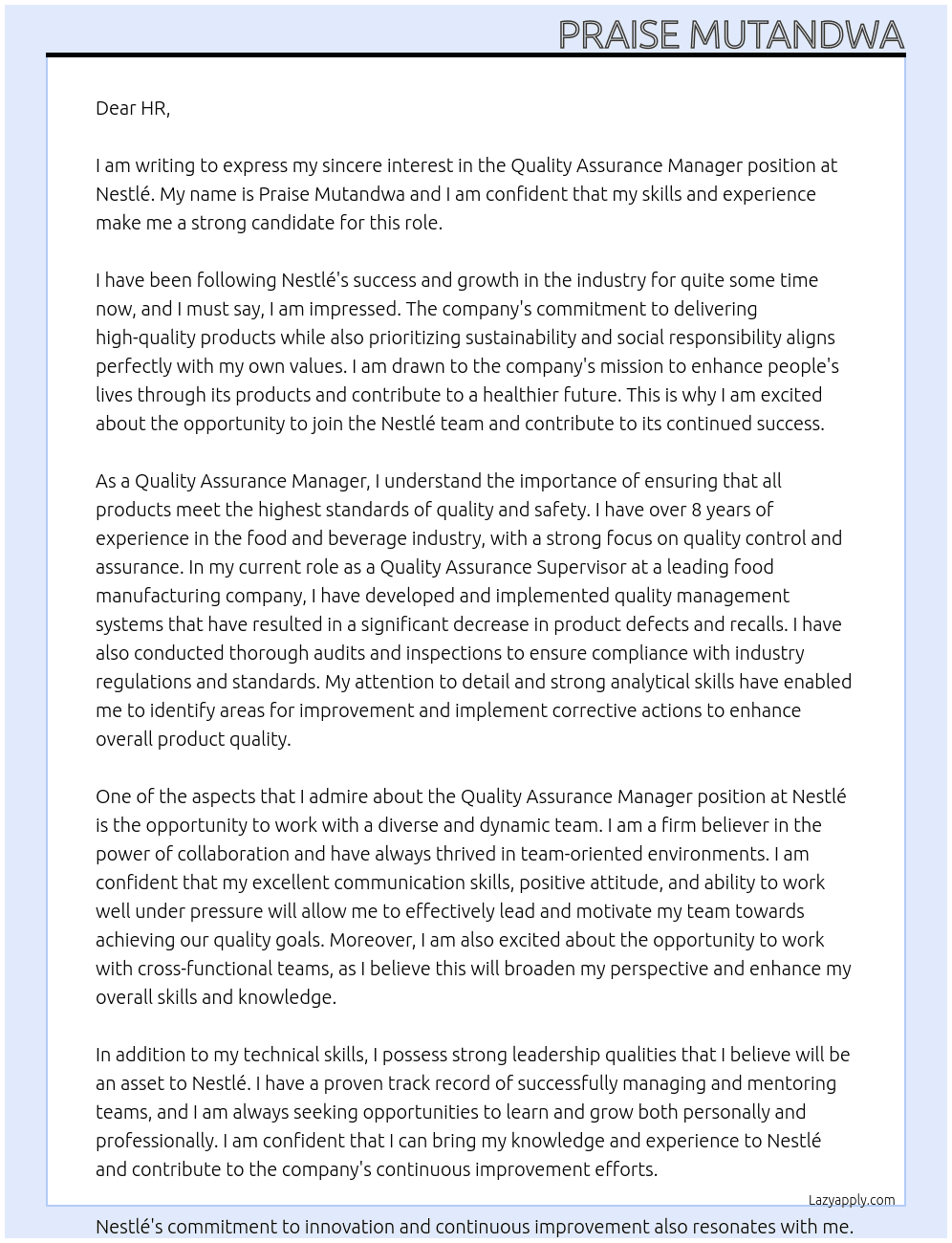 Quality Assurance Manager  At Nestlé  Cover Letter