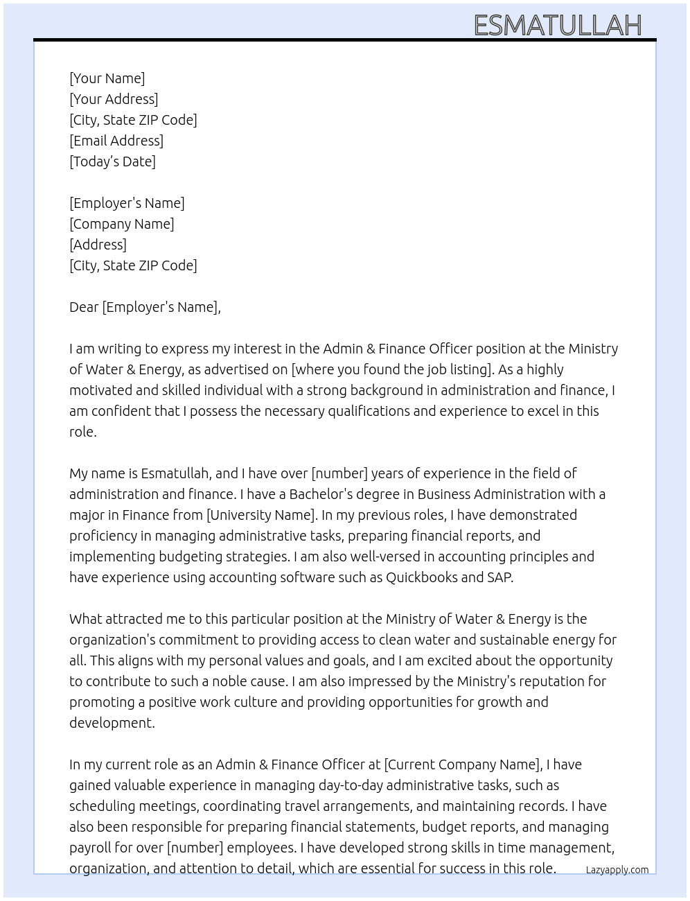 Admin & Finance officer At Ministry of Water & Energytany  Cover Letter