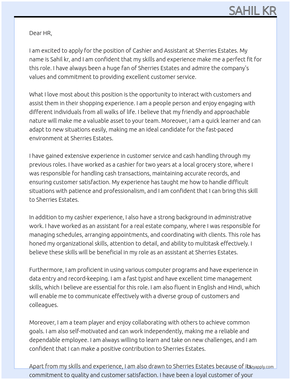 Cashier and assistant  At Sherries estates Cover Letter