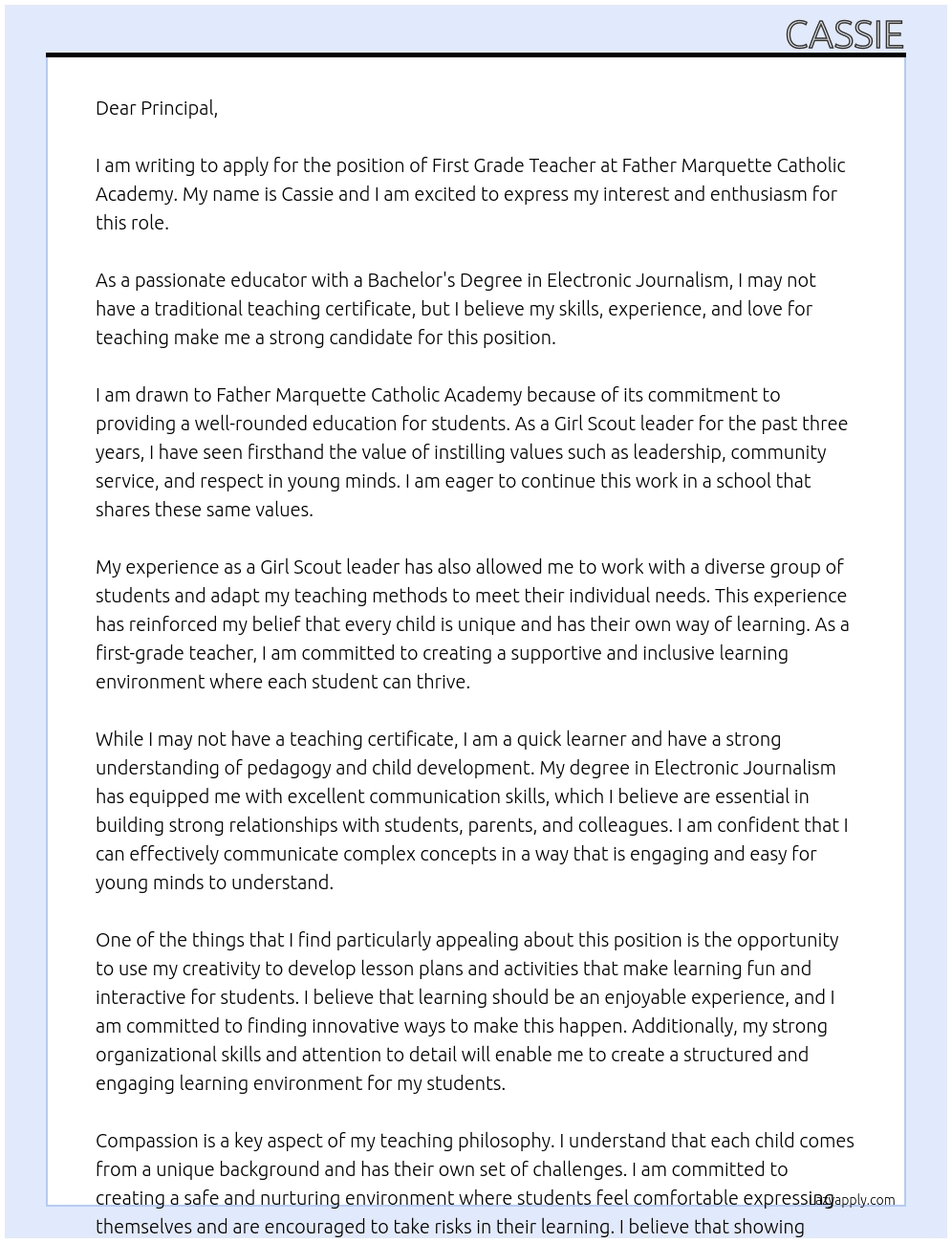 First grade teacher At Father Marquette Catholic academy  Cover Letter