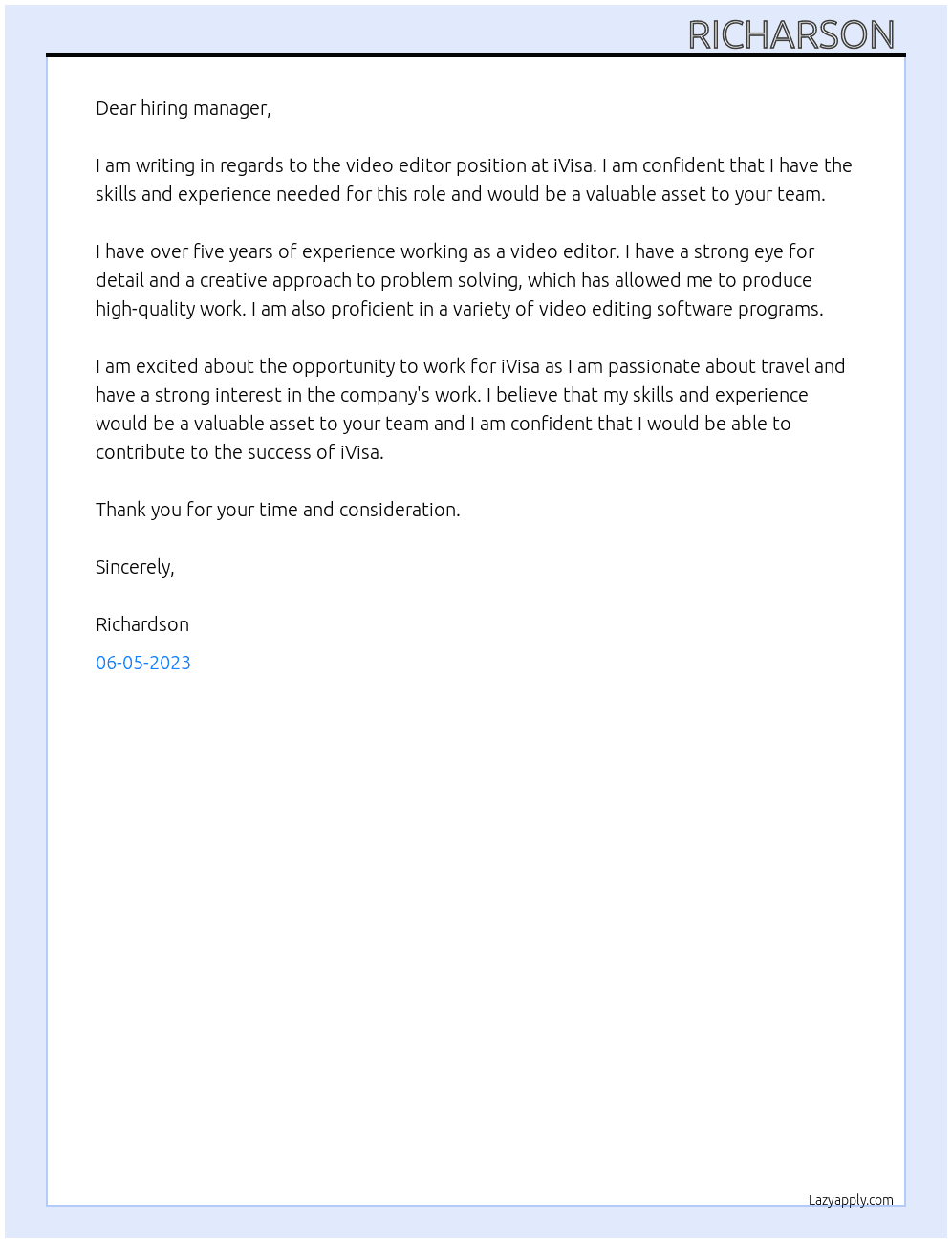 Video editor  At iVisa Cover Letter