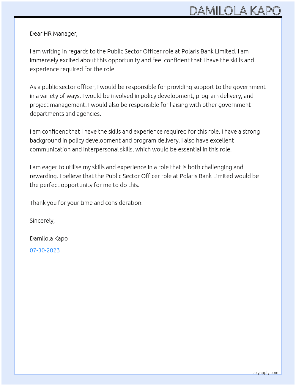 Public Sector Officer At Polaris Bank Limited Cover Letter