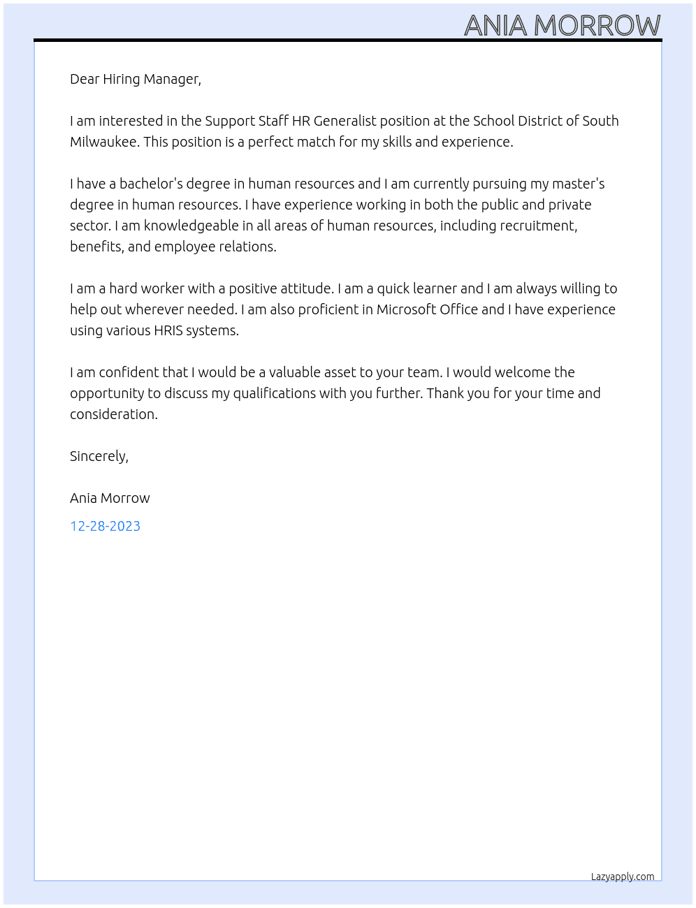 Support Staff HR Generalist (FT At School District of South Milwaukee Cover Letter