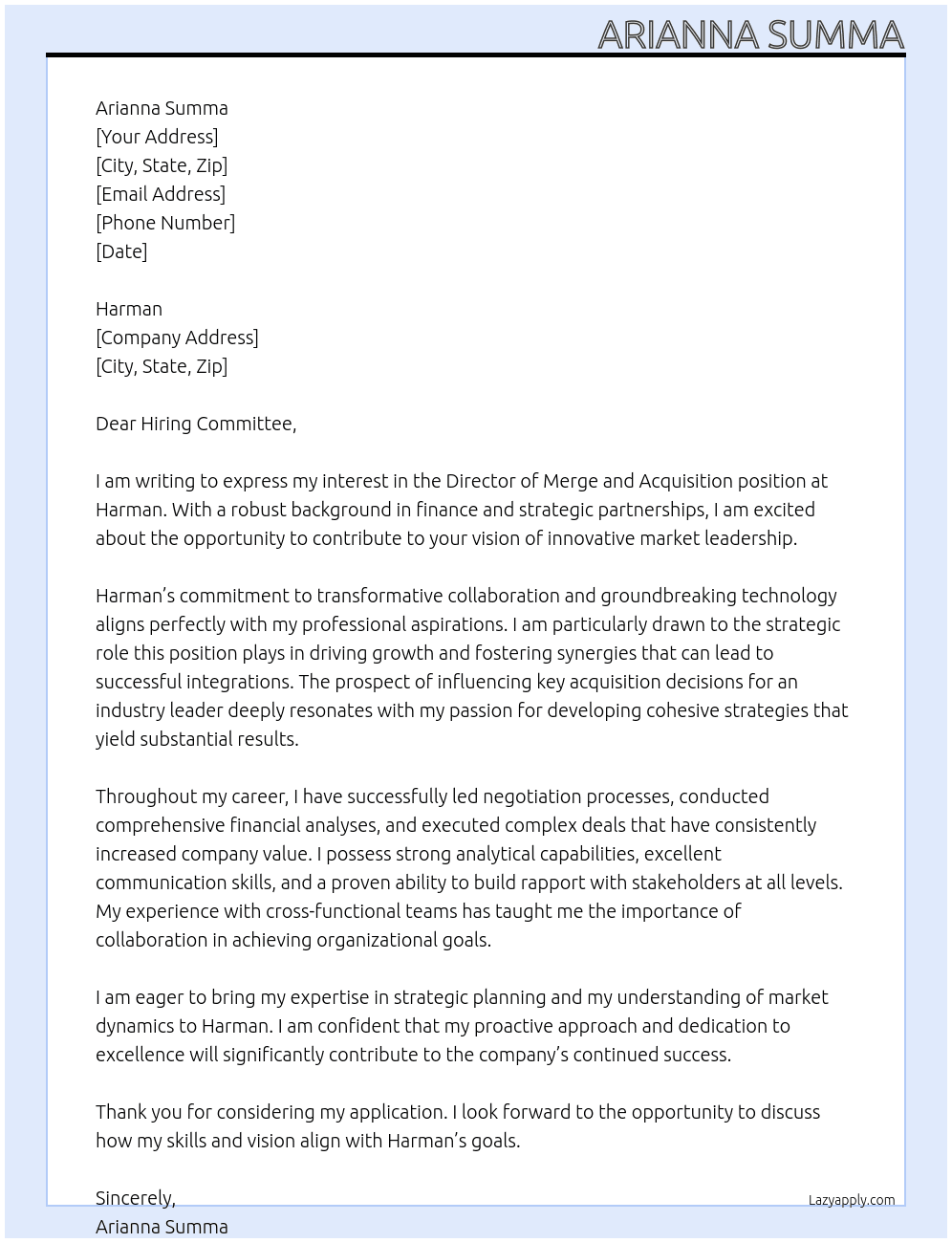 Director, Merge and Acquisition At Harman Cover Letter