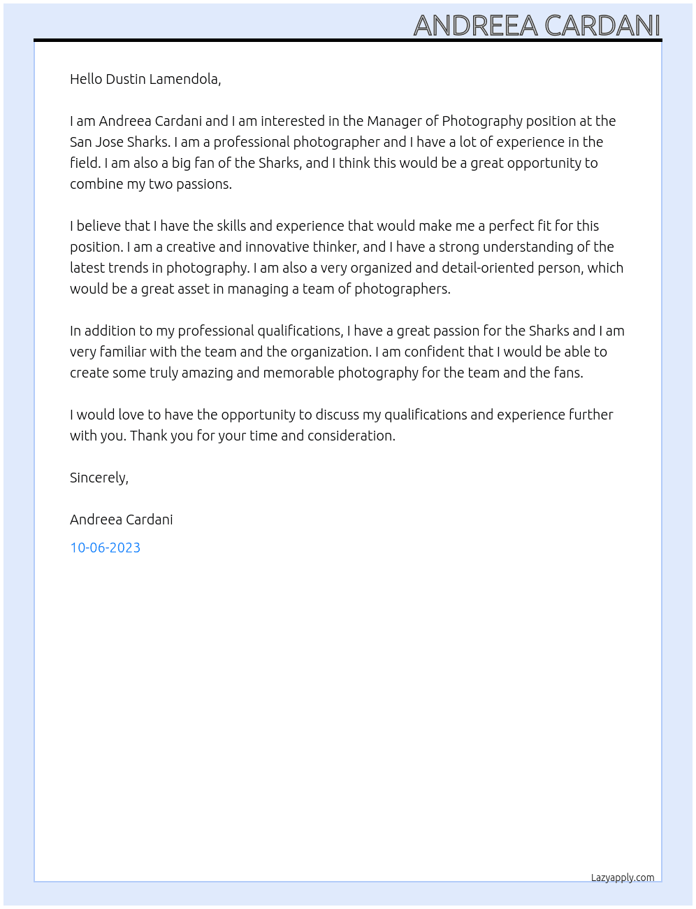 Manager of Photography At San Jose Sharks Cover Letter