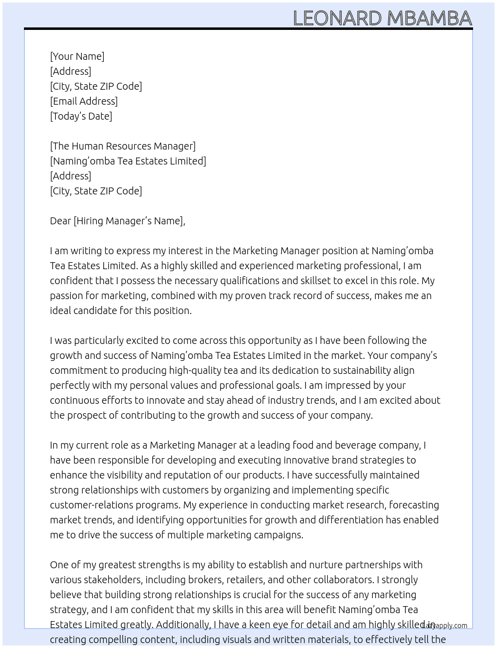 Marketing Manager At Naming’omba Tea Estates Limited Cover Letter