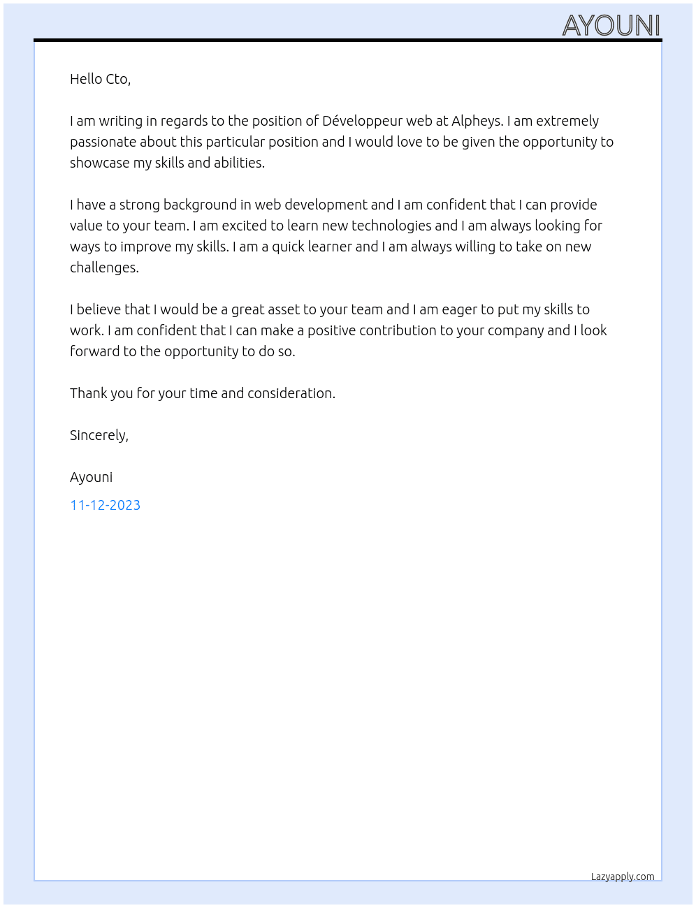 Développeur web At Alpheys Cover Letter