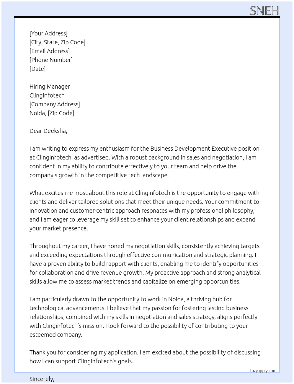 Business development executive At Clinginfotech Cover Letter