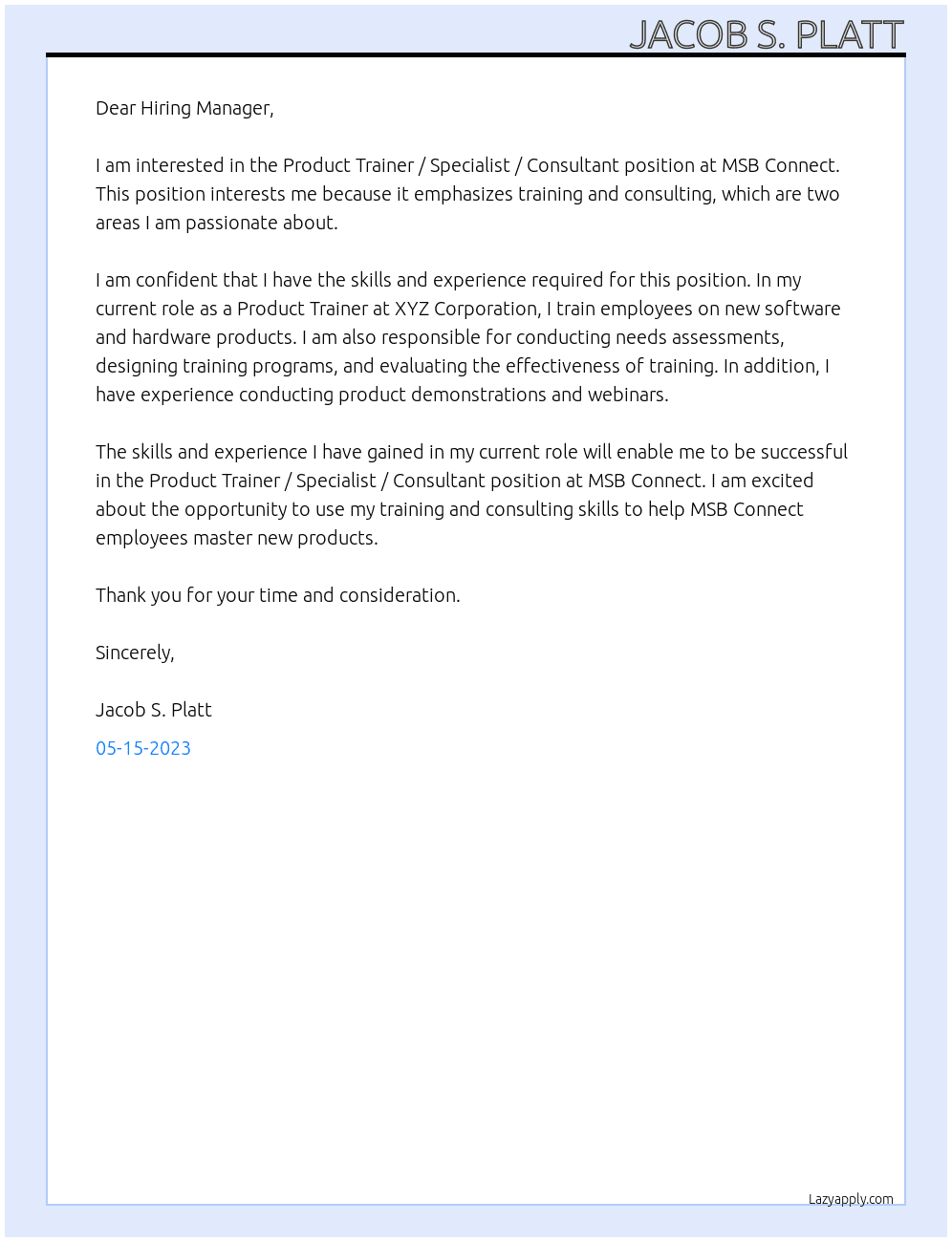Product Trainer / Specialist / Consultant At MSB Connect Cover Letter