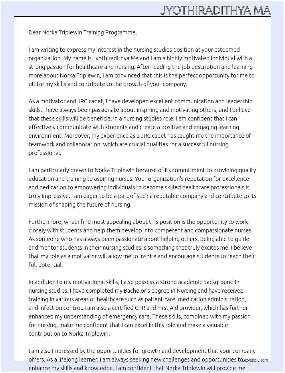 nursingstudies At Norka triplewin training programme  Cover Letter