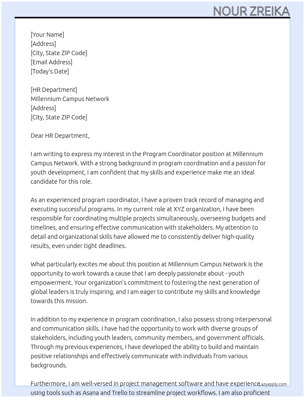 Program Coordinator At Millennium Campus Network Cover Letter