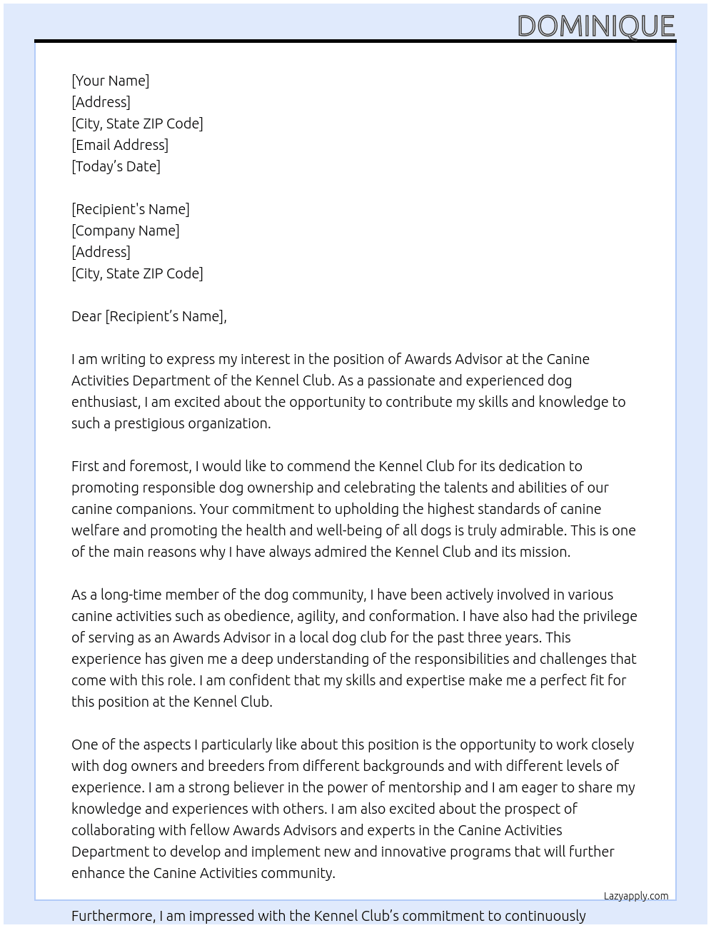 Awards Advisor At Kennel Club Cover Letter
