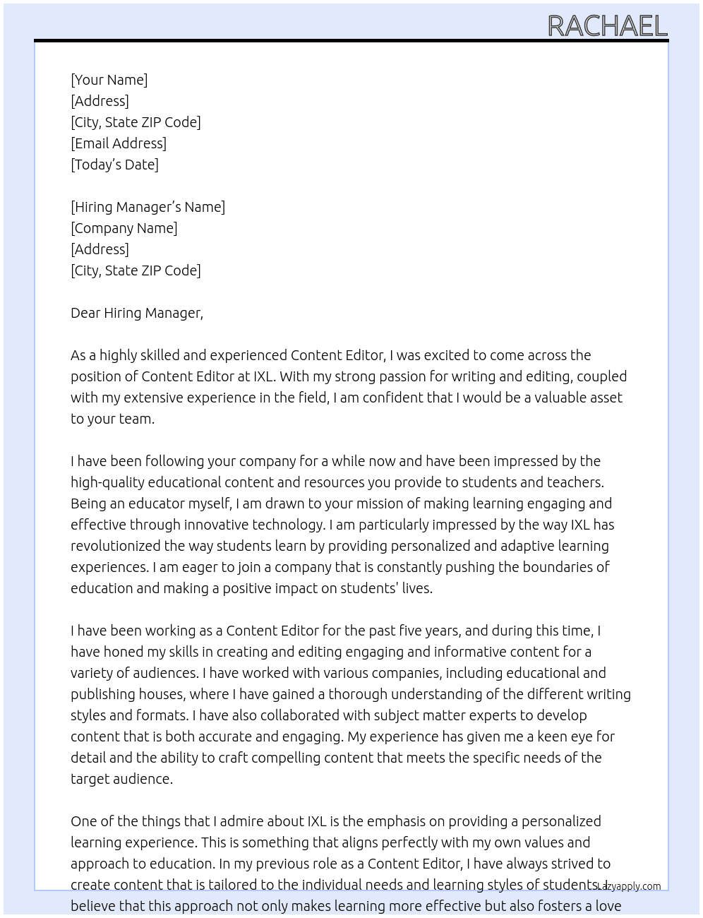 Content Editor At IXL Cover Letter