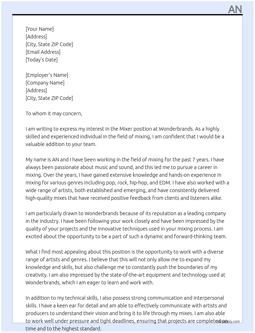 Mixer At Wonderbrands Cover Letter
