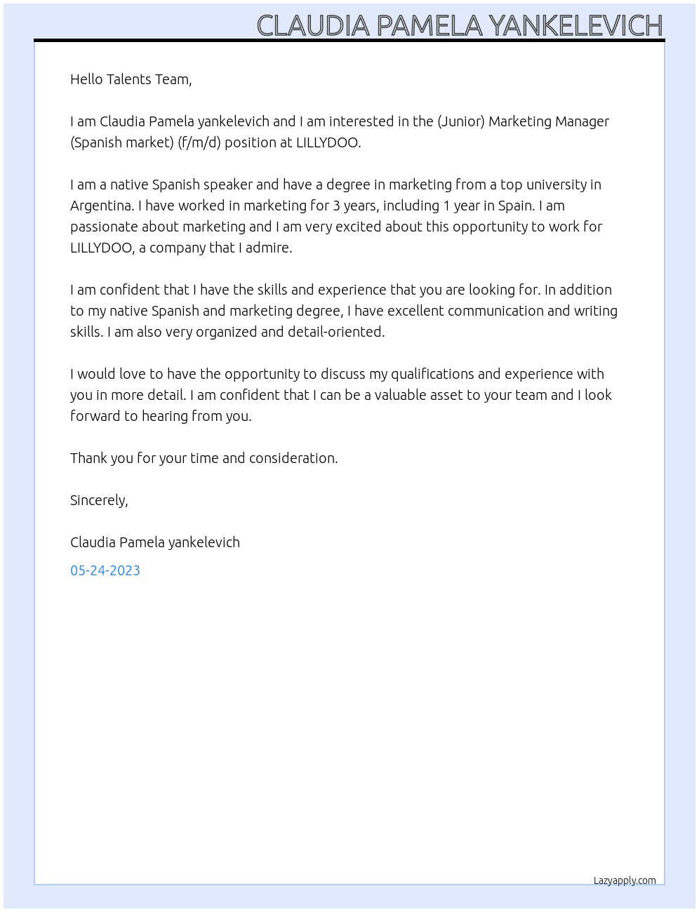 (Junior) Marketing Manager (Spanish market) (f/m/d)  At LILLYDOO Cover Letter