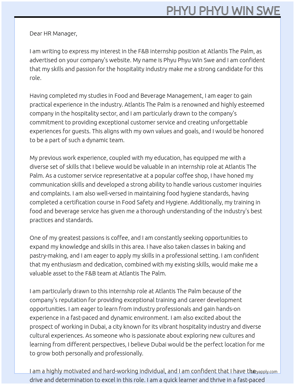 F & B internship At Atlantis The Palm Cover Letter