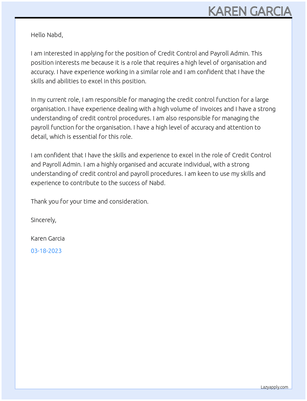 Credit Control and Payroll Admin At nabd Cover Letter