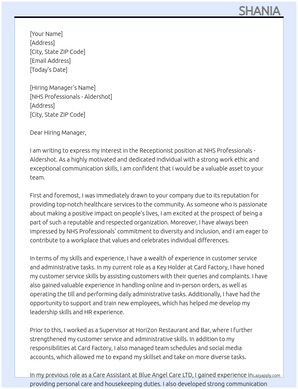 Receptionist At NHS professionals - Aldershot Cover Letter
