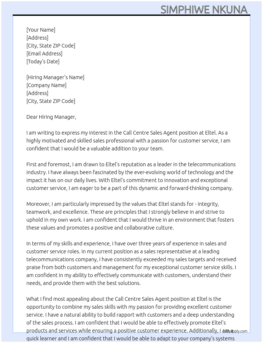 Call centre sales agent  At Eltel  Cover Letter