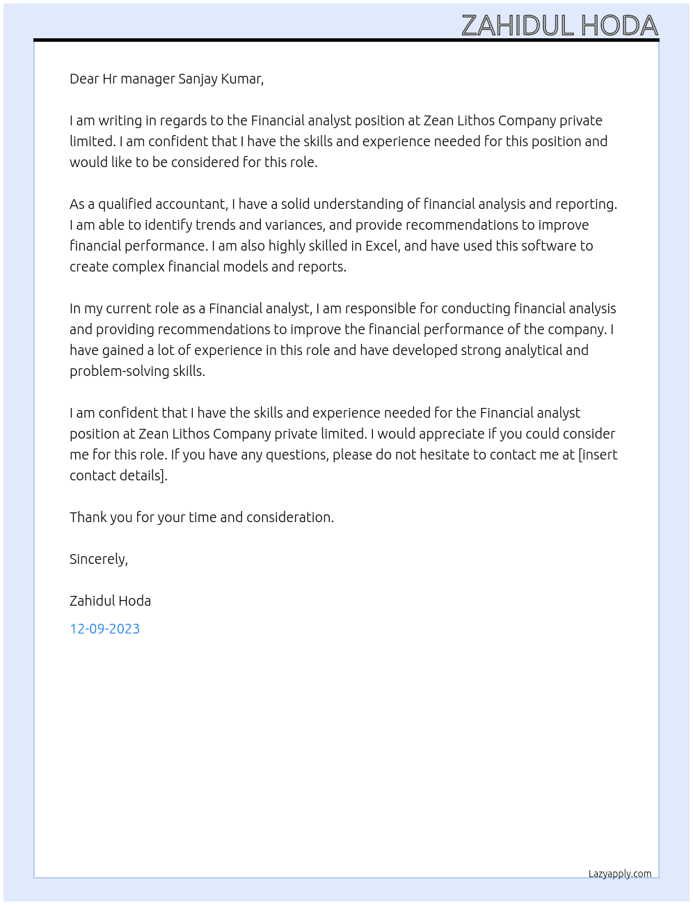 Financial analyst  At Zean Lithos Company private limited  Cover Letter