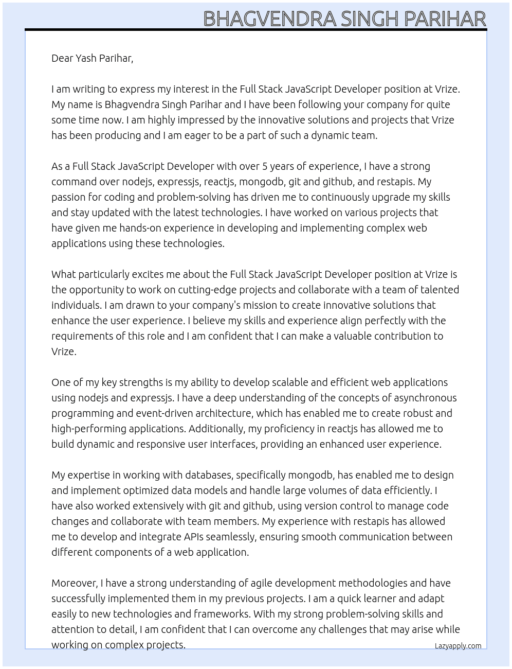 Full Stack JavaScript Developer At Vrize Cover Letter